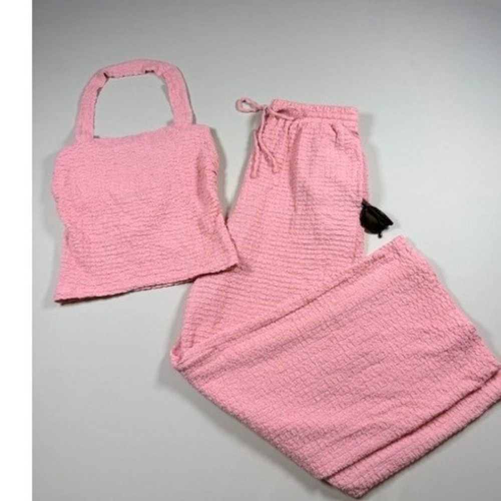 Pink Waffle Texture 2 Piece Set Halter Top Wide Leg Pants Medium Comfy Lounge